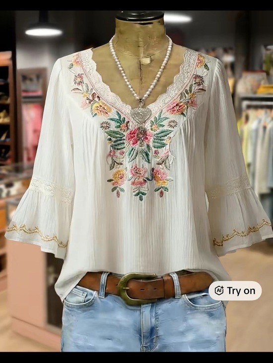 Cherry Betty Tops - Cherry Betty Ivory Floral Embroidered V-Neck Peasant Blouse